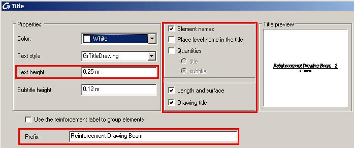 15. In the Title dialog box, make the following settings: In the Prefix field, enter the view name prefix: Reinforcement Drawing-Beam. This title appears on the drawing, above each view.