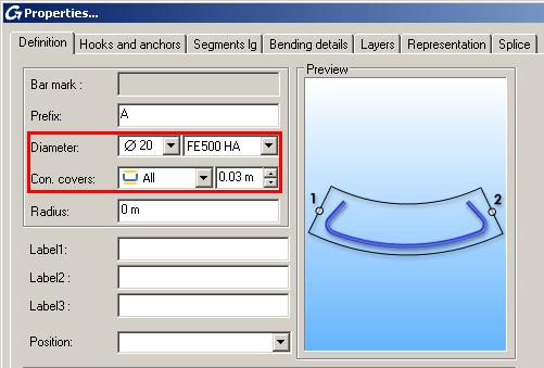 3. On the properties dialog box, make the following settings: On the Definition tab: Set the bar diameter to 20 Ø. In the field next to the Con. covers drop-down list, enter 0.