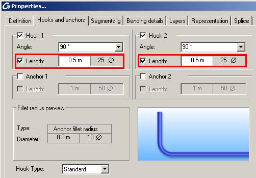 3. On the Hooks and anchors tab, in the Length field, set the hook length to 0.5 m. 4. Click <OK>.