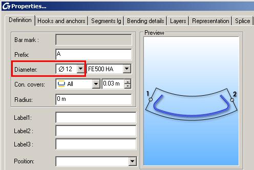 3. In the properties dialog box, make the following settings: On the Definition tab, from the Diameter drop-down list, select 12Ø for the bar diameter.