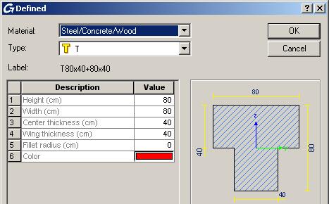 3. In the section properties dialog box, select a section type and modify the size. From the Material drop-down list, select the Steel/Concrete/Wood.