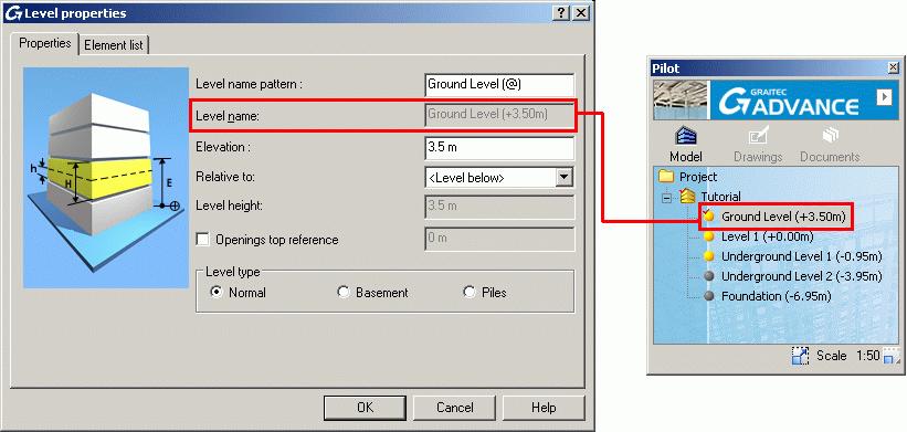 In the "Level properties" dialog box, make the following changes: Set the new name of the level to Ground Level.