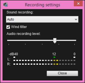 Specify settings. Sound recording list box Wind filter function Audio recording level slider Level meter Select [Auto], [Manual], or [Disable] from the list box.
