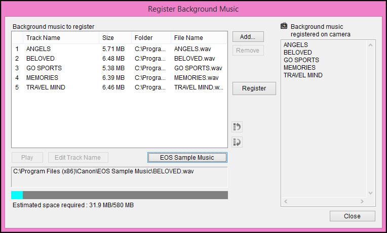 Adding EOS Sample Music Click the [EOS Sample Music] button. The EOS Sample Music on your computer is added to [Background music to register].