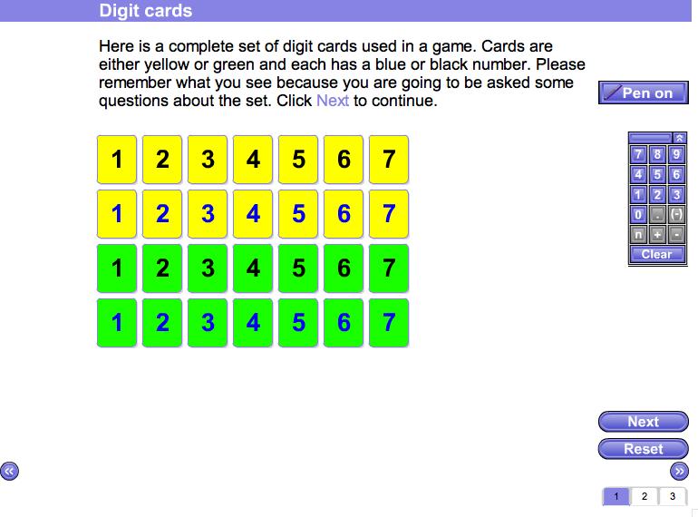 Main Whiteboard and Screen information Screen 1: Digit cards You are shown a complete set of digit cards and asked to find the probability of a given event based on the cards you have seen.