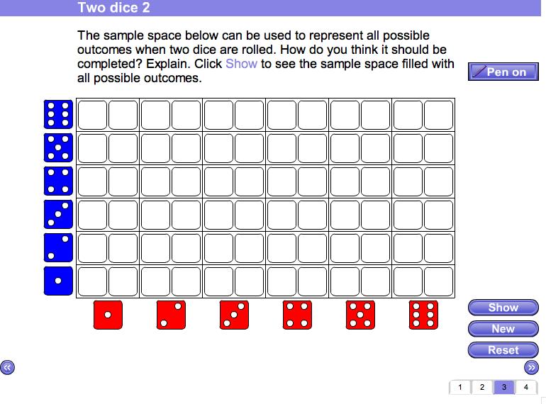 Screen 3: Two dice 2 The sample space of all the possible outcomes with the red and blue dice is to be represented.