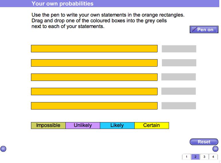 Screen 2: Your own probabilities A discussion page with cross curricular opportunities.