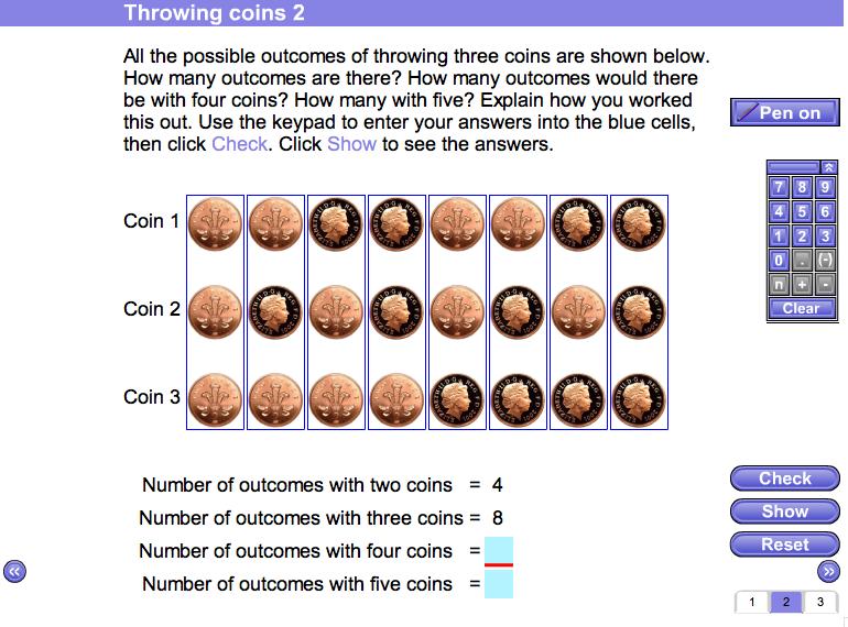 Screen 2: Throwing coins 2 Two coins are shown and you are asked how many possible outcomes there are when three coins are thrown. You can click Throw to simulate throwing the coins.
