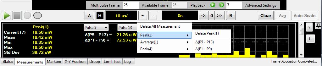 3 The delta value between two pulses can also be displayed from the measurement view as shown in Figure 2-94. Select Insert after selecting your desired pulses to display the delta value.
