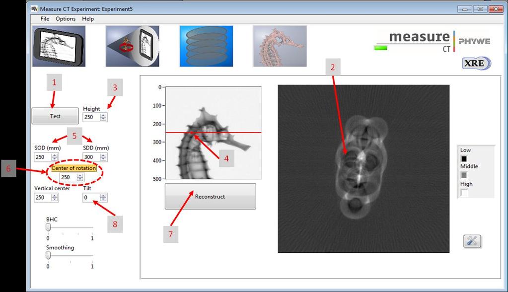 After the scan, go to the reconstruction tab. The effect of the reconstruction parameters can be tested with the test button (fig. 14.1). The result is displayed (fig. 14.2) for a certain slice (fig.