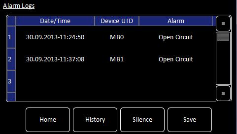 Mercury Firmware 5 Release Notes and historic Alarm Logs, click the History button in the Alarms screen (orange means you are looking at the historic Alarm Logs, whereas black refers to the current