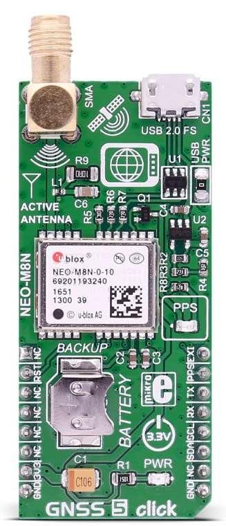 GNSS 5 click PID: MIKROE-2670 Determine your current position with GNSS 5 click. It carries the NEO- M8N GNSS receiver module from u-blox. GNSS 5 click is designed to run on a 3.