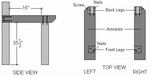 2. Assemble Legs: Fit the notches at the back of two 4x6x26 armrests (one left and one right) around two 4x4x48 back legs, mirroring each other.