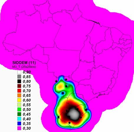 Figure 5 Simulated DE for the RINDAT network (25x25km) composed by 24 sensors (both LPATS and IMPACT) located at southeastern Brazil.