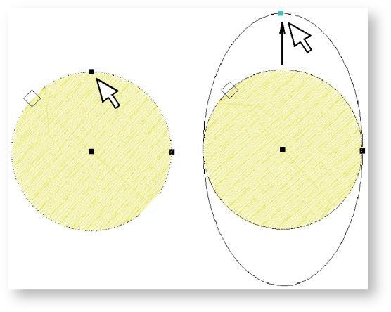Circle objects have two reshape control points (used to change the radius and orientation of the object), a center point (used to reposition it), and a stitch entry point.