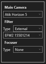 Here is how you would set up another camera, with an external filterwheel: Note: You will need to select the filter wheel with the