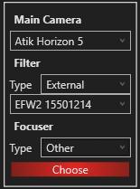 Focuser: If you are using a focuser, you can selected it by using the drop down menu underneath Focuser.