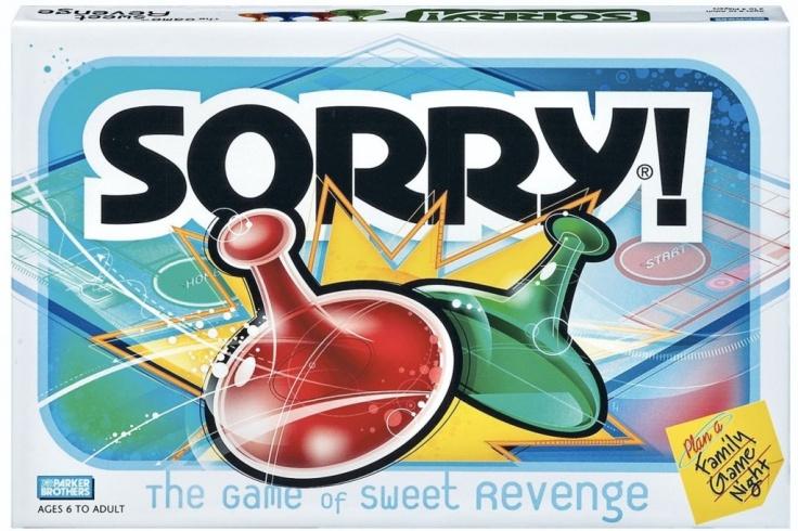 Sorry! Sorry! is a board game that is based on the ancient Cross and Circle game Pachisi. Players try to travel around the board with their pieces faster than any other player. Sorry! is marketed for two to four players, ages six through adult.