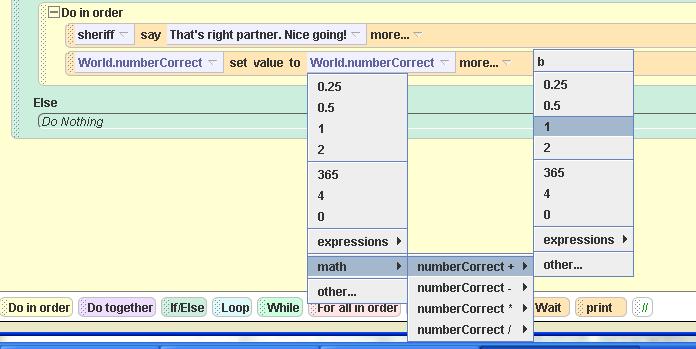 Point to set value > expressions and then click on World.numberCorrect.