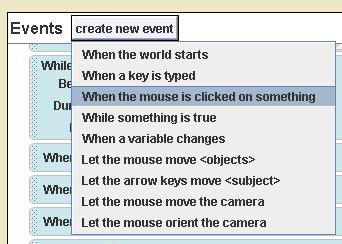 F. Next, you will make an event to make Pamela jump twice when the mouse is clicked on her. 1. Click on create new event and choose When the mouse is clicked on something. 2.