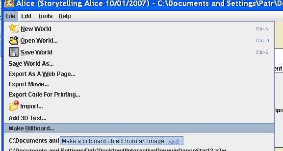 3. Go to File > Make Billboard. 4. Select Billboard.jpg (that you just made in Paint) and click Import. You now have a new object in the Object tree called Billboard. 5.