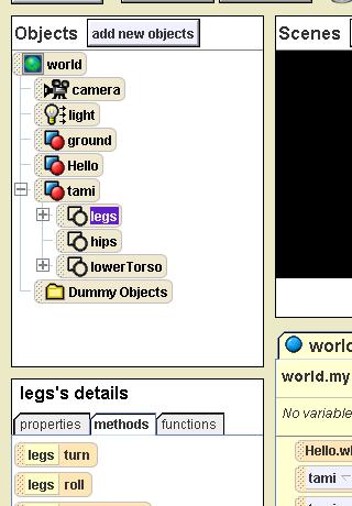 H. Now make just Tami s legs spin first to the left and then to the right: 1. In the Objects tree click the plus (+) sign next to the tami tile. 2. Click the legs tile that appears. 3.
