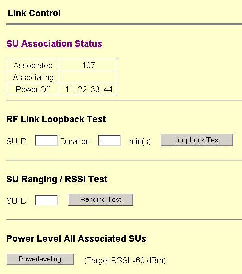 Basic Configuration via Browser Interface RF Link Loopback Test Using this page the user can immediately see which SUs have associated.