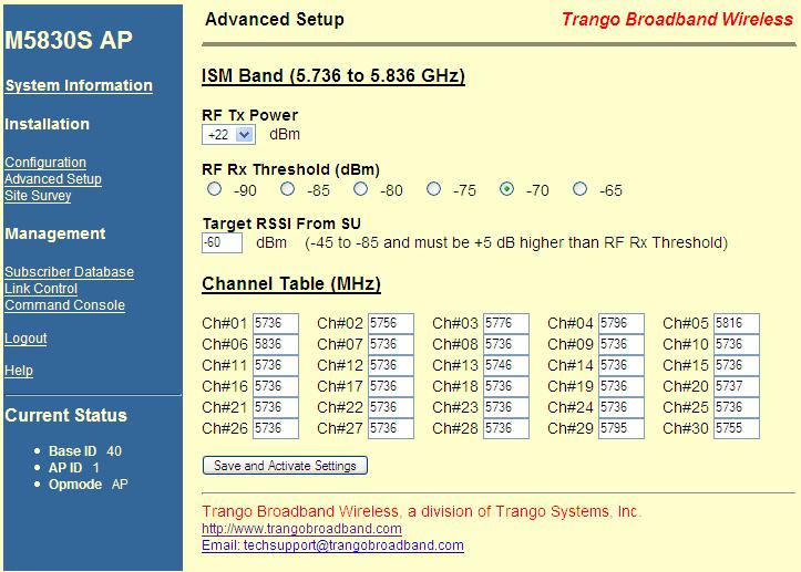 Basic Configuration via Browser Interface Advanced Setup Page Advanced Setup Page The Advanced Setup page includes several important parameters including RF TX Power, RF RX Threshold, and Target RSSI