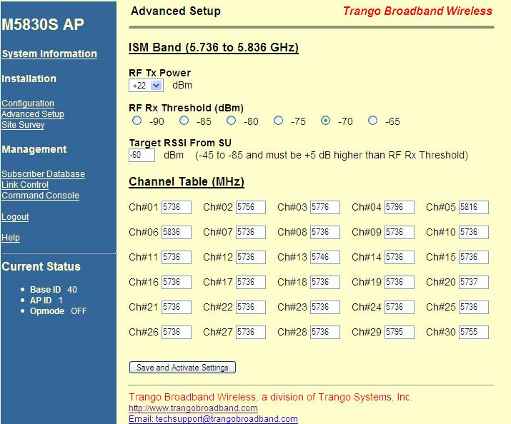 HTTP Browser Interface HTTP Browser Interface AP Advanced Setup Page Note: The Advanced Setup page is divided into three sections: ISM, U-NII, and Channel Table.