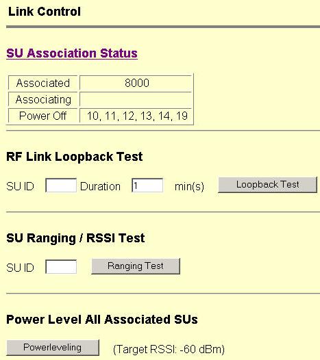 HTTP Browser Interface HTTP Browser Interface Link Control Page SU Association Status: Shows SU ID numbers and status of SUs. Power Off is equivalent to Not Associated.