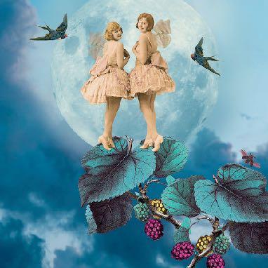 There is a big blue moon in the background with dark clouds. There are also two birds flying next to the girls.