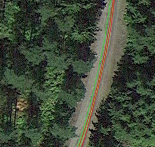 The degradation of the satellite signals propagation in the forest degrades the hybrid trajectory. It can be seen with the two red lines of the return drive that nearly overlap. (b) Figure 5.