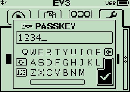 Connecting with Bluetooth 8. On the EV3 interface, read the PASSKEY value (default: 1234) and select the check mark.
