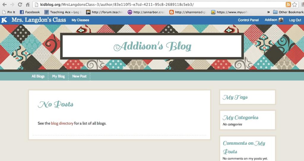 Once logged in, the screen will look very similar. However, your child will now have access to a tab on the top called MY BLOG.