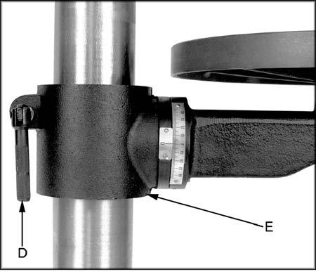 Thread lock handle (D, Figure 2) into the table bracket (E, Figure 2). Figure 1 4.