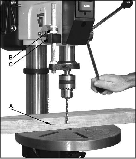 Adjusting the Depth Stop To drill multiple holes at the same preset depth, use the depth stop: 1. Use a pencil to mark the depth the bit will drill into the workpiece (A, Figure 7). 2.
