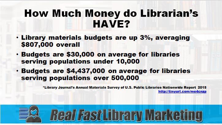 Let s talk about how this breaks down for you. If you live in a fairly small town with a population of about 10,000-20,000, then your library gets around $30,000 each year for materials.