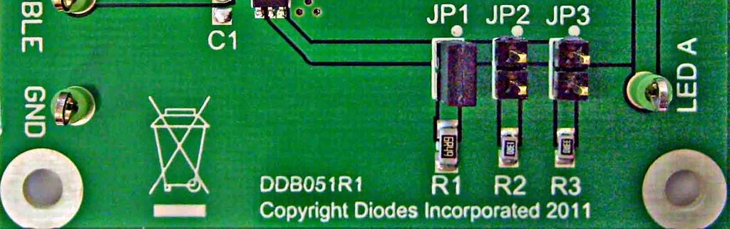 The board has been designed for driving low current LEDs with typical current of 0mA, 50mA or 100mA. Jumpers 1, and 3 on the evaluation board set the value of the LED current.