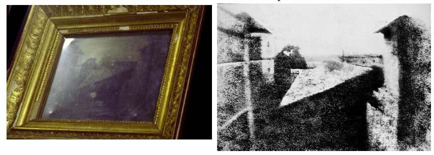 1st known photograph View from the Window at le Gras, Joseph Nicéphore Niépce 1826 Reproduction, 1952 Heliograph- a pewter plate coated with bitumen of Judea (an asphalt derivative of petroleum);