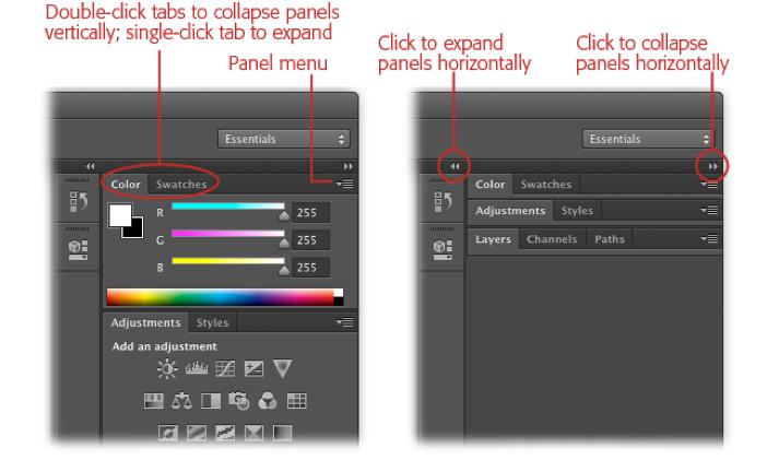 History Collapse or expand panels If panels are encroaching on your editing space, you can shrink them both horizontally and vertically so they look and behave like buttons.
