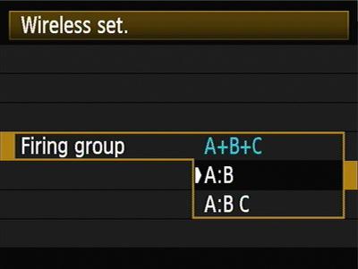 Here you can choose to have all flashes work together as one TTL unit (A+B+C), or set ratios of two