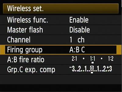 This is what the Wireless Settings panel looks like when I m ready to shoot with three wireless