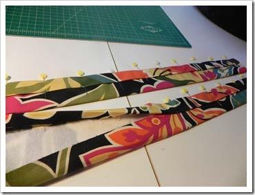 To make the straps, cut two pieces of lining fabric 5 by 30 and cut 2 pieces of