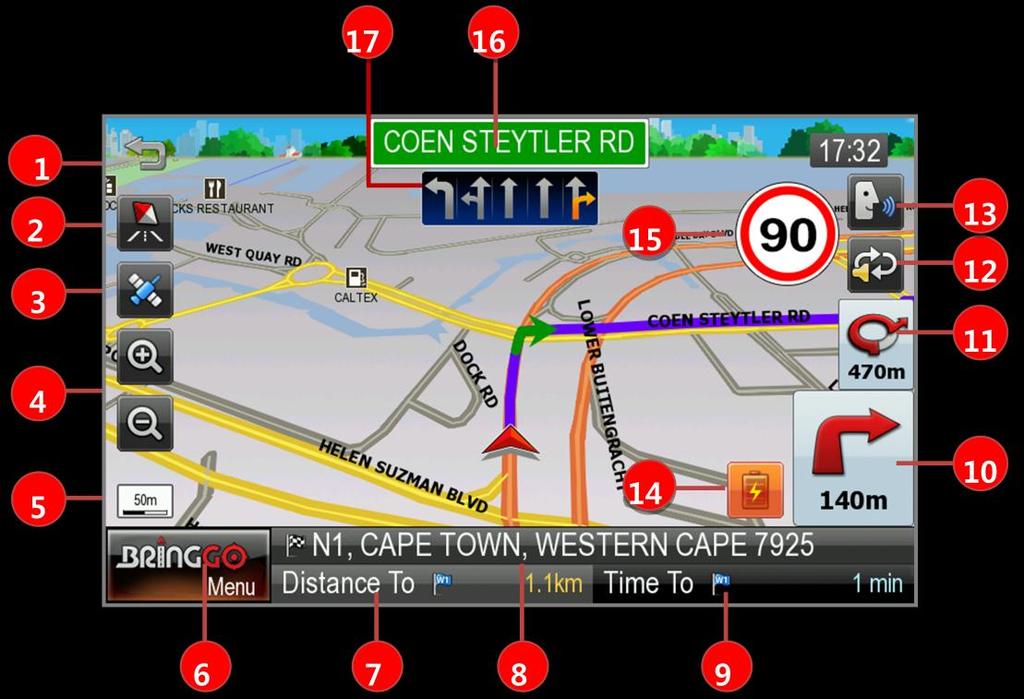 Map screen features Driving Guidance Modes 1 Back button. 10 First Turn-by-Turn instruction: Indicates the next turn direction.