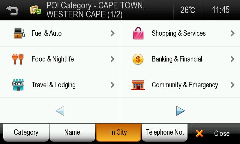 Search POI by City Tap the [IN CITY] button. The previously searched state/province name is initially selected. If you want to change state/province, tap the State button.