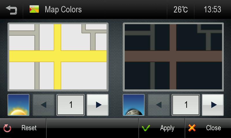 Colour Mode Change the colour mode of map as Daytime, Night time, or Auto mode. Daytime: Daytime colour mode. Night time: Night time colour mode. Auto: Automatically change the map colour.