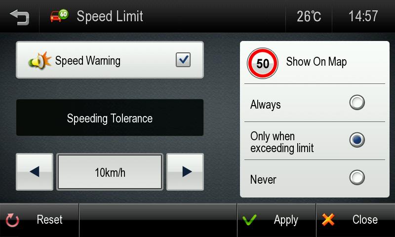 Speed Limit: Speed Limit: Control how speed limit sign and warnings are given. The map data contains speed limit information for some, but not all roads.