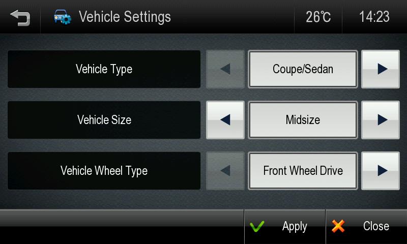Vehicle Setting Vehicle Setting Set the vehicle characteristics of your vehicle for Drive Range Projection. Vehicle Type: Choose from Coupe/Sedan, Hatchback/Wagon, or Truck/SUV.