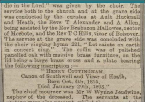 January 1893 1896 The death in 1893 of the Reverend Henry Cottingham, the last of John Cottingham s children is the beginning of a difficult time for William Wynne