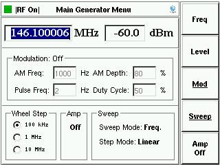Test and measurement routines Firmware: Generator mode Sweep: Modulation: Others: frequency sweep, level sweep AM, AM PC (peak conservation), pulse modulation and external free parameter setting from